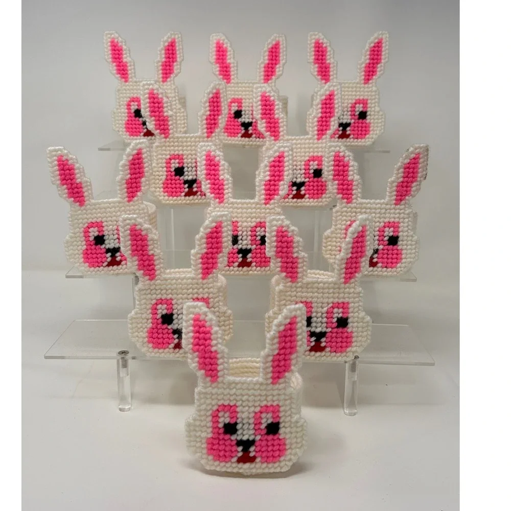 Handmade Plastic Canvas Yarn Candy Holder Bunny Set of 11 White Pink Easter‎